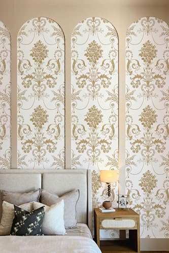 Damask Floral Peel and Stick Wallpaper Removable Gold Flowers Contact Paper - color: Gold, size: 17.3" x 118"