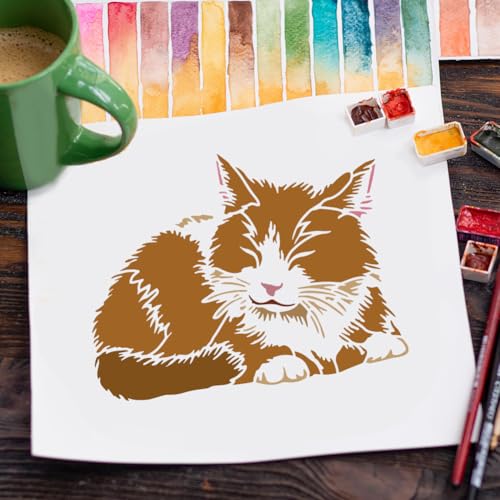 FINGERINSPIRE Resting Cat Stencils with a Brush 11.7x8.3Inch Cute Hairy Cat Painting Stencils Cartoon Cat Pattern Stencil Animal Themes PET Template for Wood Floor Tile Wall Fabric Furniture DIY - color: Resting Cat