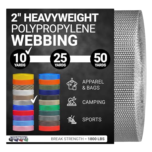 Strapworks Heavyweight Polypropylene Webbing - Heavy Duty Poly Strapping for Outdoor DIY Gear Repair - color: Silver Gray, size: 2" x 10 yard