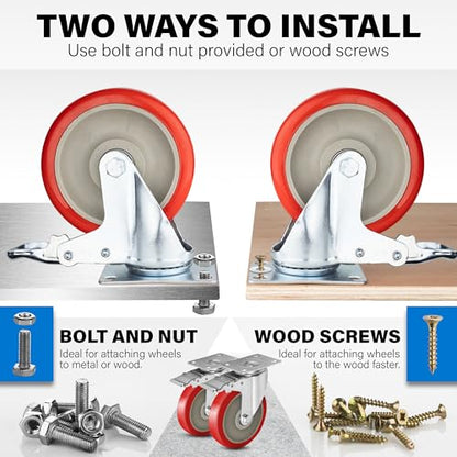 5 Inch Caster Wheels Heavy Duty Casters Set of 4, 2400 LBS Load Capacity - color: Red & Silver, size: 5 Inch