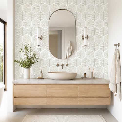 MelunMer Geometric Peel and Stick Wallpaper Boho Beige White 17.3''×787'' - color: Beige, size: 787"×17.3" (94.7 sq.ft)