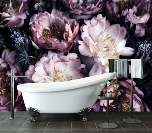 Peel and Stick Purple Peony Floral Wallpaper Black Flower wall Mural - color: M03, size: 183"x120"