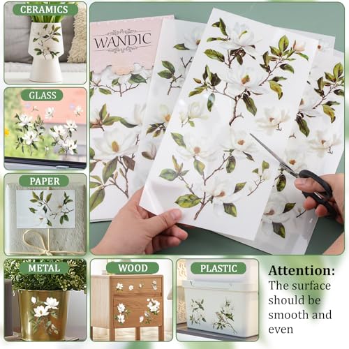 WANDIC 6 Sheets Magnolia Rub On Transfer Sticker, Flower Theme Decal for Home Party Present Packaging DIY Scrapbooking Photo Albums Furniture,15 * 30cm - color: Magnolia Rub on Transfer Sticker