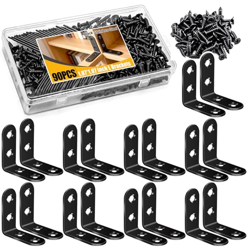 mxuteuk 90PCS 1.97inch L Brackets for Shelves,Black Stainless Steel Shelf Brackets,L Shape Heavy Duty Metal Corner Brace for Wood Furniture Cabinet Chair - color: Black-50mm/1.97in