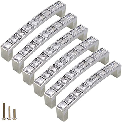 6Pcs U Shape Crystal Glass Drawer Pulls Knobs Handles,Modern Decorated Shiny Cabinet Konbs Zinc Alloy Pulls Handles, for Cupboard Wardrobe Dresser Doors (3.8" Hole Distance, Silver, 6 Pack) - size: U-shaped 3.8" Hole Distance