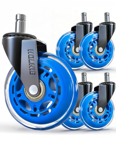 HOLKIE Gaming Chair Wheels Blue Roller Blade Rubber Caster 3 Inch Set of 5 for Carpet Hardwood Floors - color: Blue