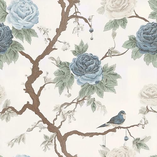 Blue Floral Peel and Stick Wallpaper, Chinoiserie Botanical Wallpaper - color: ML-M059, size: 17.7" x 118"