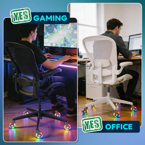 WEWILL RGB Chair Caster Wheels, Self-Lit No Batteries, 3" PU Rubber (5-Pack), Heavy Duty 325kg/715lb, Universal 11x22mm Stem, Quiet for Carpet/Hardwood (Not IKEA) - color: Colorful