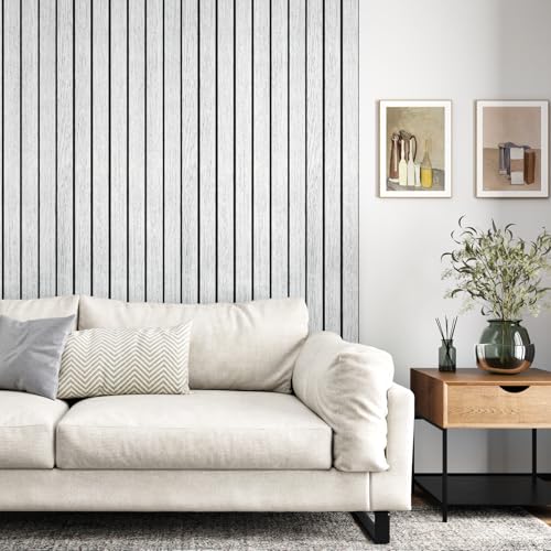 White Grey Wood Panels for Wall Slat Panel Self Adhesive Wood Slat 3D Wall Panels Peel and Stick 11.8"x197" Faux Foam Wooden Walls Panel Removable Modern Wooden Wallpaper for Bedroom Studio - size: 11.8" x 197"