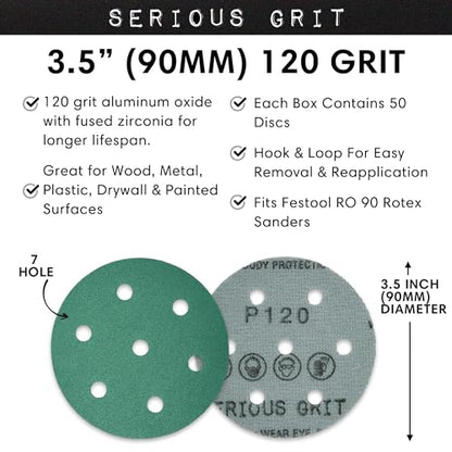 Serious Grit - 3.5" (90mm) 7-Hole P120 Grit Sanding Discs - 50 Pack Box - size: 120 Grit