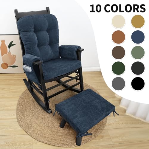 5 PCS Glider Rocker Replacement Cushions with Storage Side Pocket, Luxuriy Chenille Fabric Foam & Microfiber Filling, Thickened & Supportive Rocking Chair Cushion Set, Dark Blue - color: Dark Blue