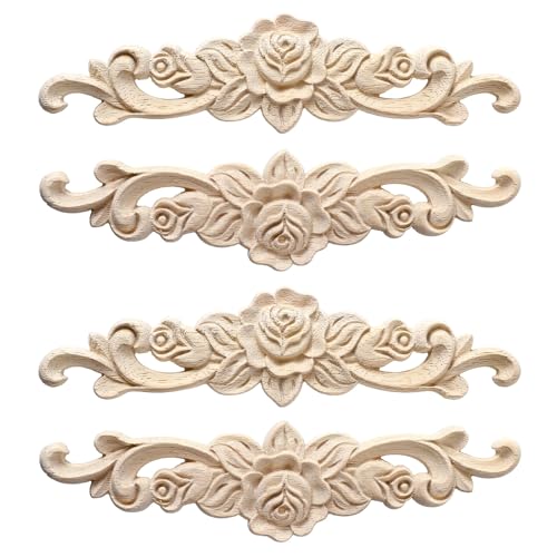 4pcs Wood Appliques Onlays Decorative Wooden Applique for Furniture Long Wood Carved Appliques Onlays for Cabinet Door Bed Wardrobe Furniture Decoration DIY Carved Onlay for Bed (7.87x1.97in