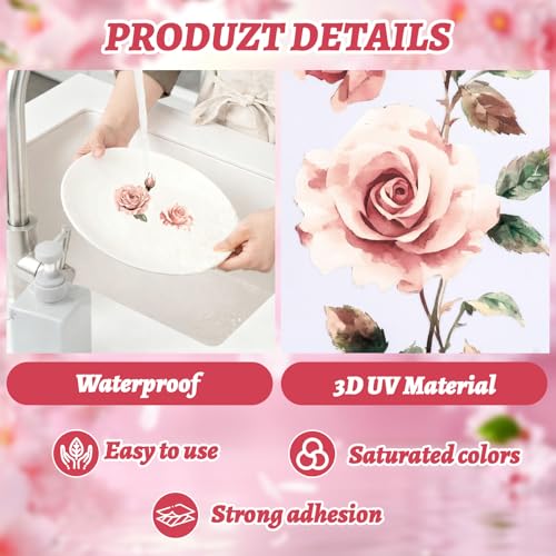 Flowers Rub On Transfers for Furniture and Crafts, 3pcs Pink Rose Flowers Transfers Stickers Waterproof Decals for Bookcase Wardrobe DIY Home Door - color: Pink Roses