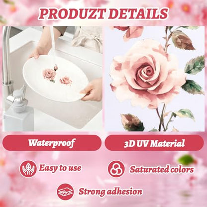 Flowers Rub On Transfers for Furniture and Crafts, 3pcs Pink Rose Flowers Transfers Stickers Waterproof Decals for Bookcase Wardrobe DIY Home Door - color: Pink Roses