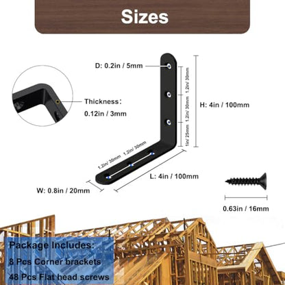 Black L Bracket 4 Inch Stainless Steel Corner Braces, 8 Pack 100x100mm 90 Degree Right Angle Joint Brackets for Wood Shelves Cabinets, with Screws - size: Black 4in x 4in L-Shaped