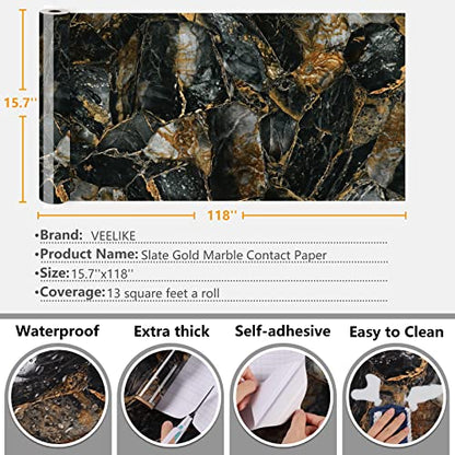 VEELIKE 15.7''x118'' Glossy Slate Gold Marble Countertop Contact Paper Waterproof Marble Wallpaper Peel and Stick Countertops for Kitchen Counter Top Covers Self Adhesive Vinyl for Bathroom Counter - size: 15.7" x 118"