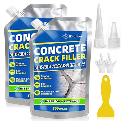 Concrete Crack Filler, 2.2lb(1kg) High Elasticity Self-Leveling Cement Crack Filler for Driveway, Walkway, Patio – Easy Repair Solution Indoor & Outdoor