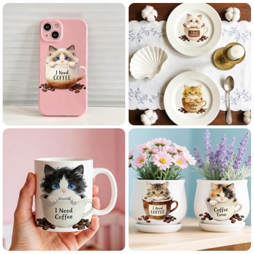 Peacoblue 18 Sheets Rub on Transfers for Crafts, Cat with Coffee Cup 3.6"x3.9" UV DTF Cup Wraps Waterproof Cold Transfers Stickers for Wood Glass Metal Cup Tumblers Mirrors Mugs Home Decor - style: Cat with Coffee Cup
