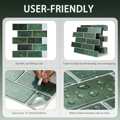 Arttown Peel and Stick 3D Wall Backsplash, 10-Sheet, 12" × 12" Green - color: Forest Green, size: 10PC 12"x12"