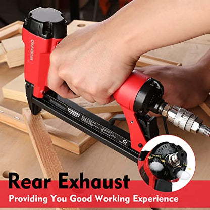 WORKPRO 8016 Pneumatic Staple Gun, 21 Gauge Upholstery Stapler with 1500pcs Staples 1/4" to 5/8", Air-Powered, Rear Exhaust, for Carpentry, Woodworking and DIY Projects - size: 21 Gauge Standard
