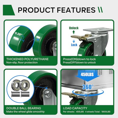 4" Industrial Caster Wheels, Heavy Duty Casters, Premium Thick Polyurethane Tread Cast lron Center, Non-Marking, for Cart, toolboxes, Set of 2,Total Load Capacity 900 LBS(2 Total Lock Brake) - style: 2 Total Lock Brake
