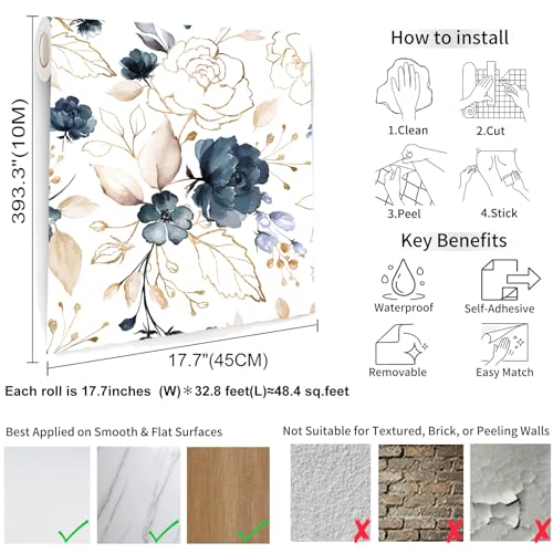 Navy Blue Floral Peel and Stick Wallpaper 17.7"x393.3" - color: Navy Blue/White/Gold/Beige, size: 17.7" x 393.3"