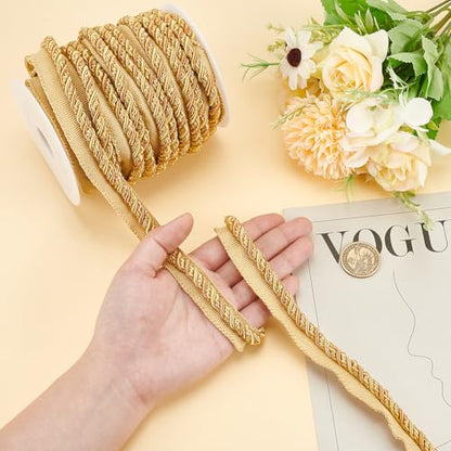 WADORN 13.67 Yards Twist Lip Cord Trim, 5/8 Inch Polyester Upholstery Trim Cord Rope Ribbon Basic Handmade Cord Trim for Costume DIY Crafts Decoration Upholstery Curtain Tieback, Gold