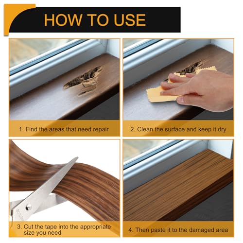 Wood Grain Repair Tape 6 Inch x 33ft Self Adhesive Repair Patch Tape Simulated Wooden Floor Tapes with Plastic Scraper for Tables Doors Windows Furniture, Black Walnut