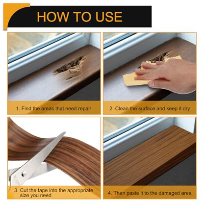Wood Grain Repair Tape 6 Inch x 33ft Self Adhesive Repair Patch Tape Simulated Wooden Floor Tapes with Plastic Scraper for Tables Doors Windows Furniture, Black Walnut