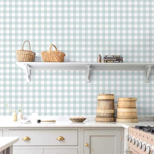 Cohoo Home Plaid Peel and Stick Wallpaper Gingham Checkered 17.3''×315'' - color: Blue, size: 17.3"×393"