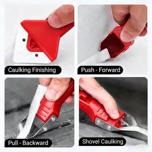 Silicone Caulking Tool 3 in 1 Stainless Steel Head Scraper Caulk Remover Sealant for Kitchen Bathroom Window, Red - color: Red
