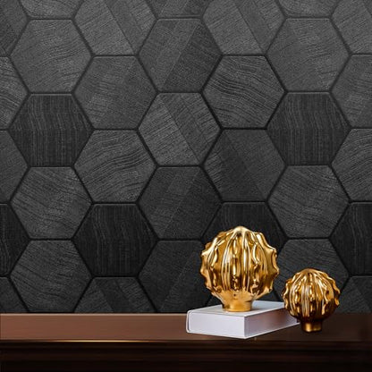 Black 3D Hexagon Peel and Stick Self Adhesive Removable Contact Wallpaper - color: Black, size: 15.7" x 118"