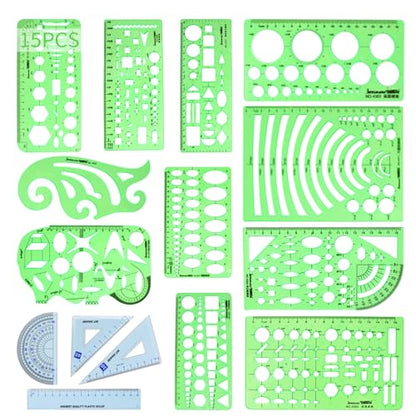 15PCS Geometric Drawings Templates,Transparent Green Plastic Ruler, Drafting Stencils Measuring Tools, Measuring Geometry Rulers for Office, Studying