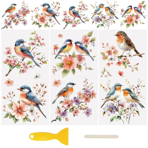 WANDIC 3 Sheets Transfer Sticker for Furniture UV 3D DTF Scrapbook Rub on Transfer Decal Robin Floral Patterns Waterproof,for Cabinets Tables Decor,15x30cm - color: Mockingbird Flower