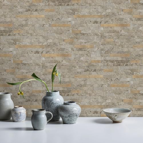 STICKGOO 20 Sheets Peel and Stick Backsplash Tile, Stick on Backsplash for Kitchen and Bathroom, Stone Beige Marble Look PVC Mixed Metal Gold Self Adhesive Wall Tiles - color: Stone Beige + Metal Gold