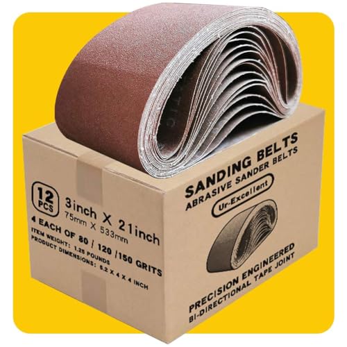 3x21 3 x 21 Inch Sanding Belt Pack 3-Inch x 21-Inch,12 Pcs(4 Each of 80 120 150 Grits) Aluminum Oxide for Sander - size: 3x21in