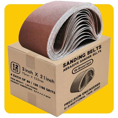 3x21 3 x 21 Inch Sanding Belt Pack 3-Inch x 21-Inch,12 Pcs(4 Each of 80 120 150 Grits) Aluminum Oxide for Sander - size: 3x21in