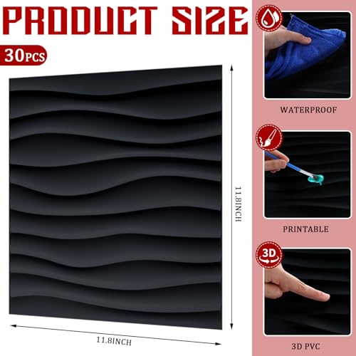 Chunful 30 Pcs 28.81 Sq ft 3D Wall Panels PVC Wave Design,11.8" x 11.8" Wall Panels Brick Wallpaper Waterproof for Interior Living Room Bedroom Decor(Black)