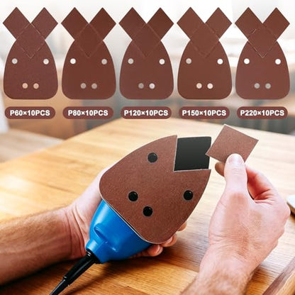 Mouse Sander Sandpaper with Extra 2 Tips for Replacement, 50PCS 60 80 120 150 220 Grit Sandpaper Assortment, Sanding Sheets for Black and Decker Mouse Sanders