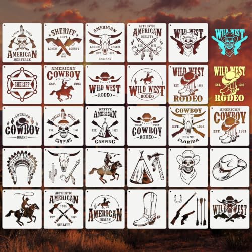 Western Cowboy Stencils for Crafts Reusable 28Pcs Stencils(5.8X5.8 Inch) - color: Cowboy