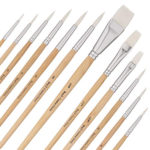 Jerry Q Art 12 PC White Synthetic Hair Round and Flat Paint Brush Set with Short Wood Handle for Acrylic, Watercolor and All Media JQ17931