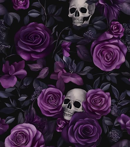 Laatse Gothic Dark Purple Skull Floral Wallpaper Peel and Stick 17.5"x118" - color: Purple, size: 17.5" x 118"