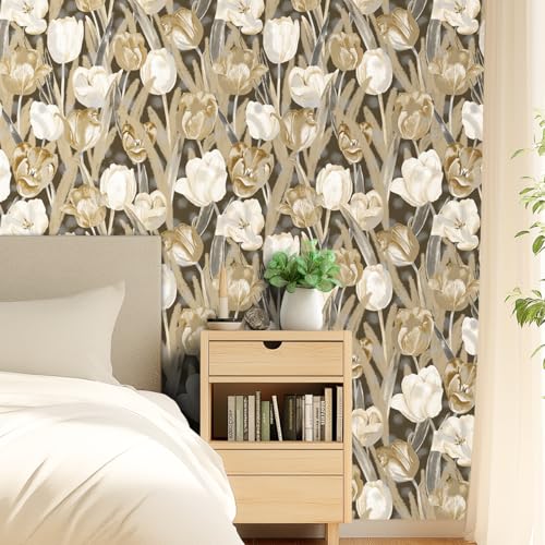 Tulip Retro Flower Wallpaper，17.71 "x 118.1" Golden Aesthetic Contact Paper Waterproof Vinyl Wallpaper for Kitchen Backsplash Bathroom Cabinet - color: flower-07, size: 17.7" x 118.1"