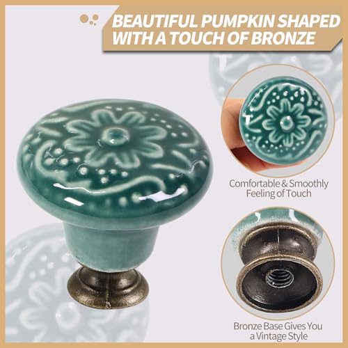Ceramic Cabinet Knobs, Embossed Floral Design - Green, 20pcs - color: Green