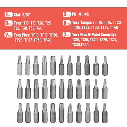 Bates Choice Mini Ratchet Set, 34 pcs, 1/4-Inch Drive, Cr-V Steel, Security Bit Set, Right Angle Screwdriver, 90 Degree Screwdriver, Torx Plus/Torx/Phillips/Slotted, Red Storage Box