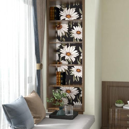 Laatse Dark Daisy Floral Peel and Stick Wallpaper 17.5" × 118", White/Black - color: Black,Green, size: 118" x 17.5"