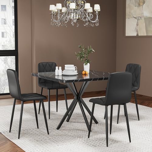 5-Piece Dining Table Set with 4 Chairs, Faux Marble, 39 Inch, Black - color: Black