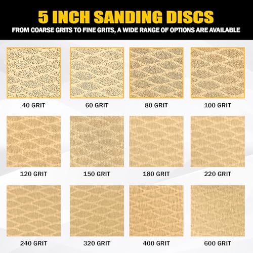 120Pcs 5 Inch 8-Hole Hook&Loop Sanding Discs, 40-600 Grits Diamond Yellow Sand, Dust-Free/Wear-Resistant, Latex Paper Base (No Fray), 135G Backing for Wood/Metal/Auto, DIY & Pros - style: 5inch-8Hole