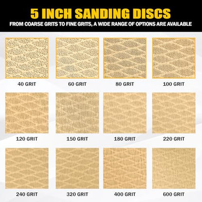 130Pcs 5 Inch 8-Hole Hook&Loop Sanding Discs, 240 Grit Diamond Yellow Sand, Dust-Free/Wear-Resistant, Latex Paper Base (No Fray), 135G Backing for Wood/Metal/Auto, DIY & Pros - style: 5inch-8Hole
