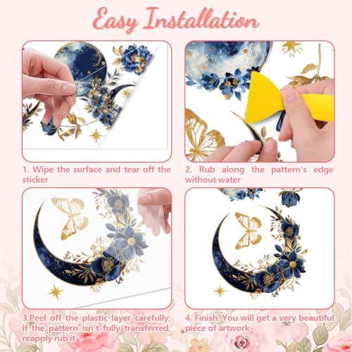 Peacoblue Moon and Flowers Rub On Transfers for Furniture Craft 6"x12" - style: Moon and Flowers